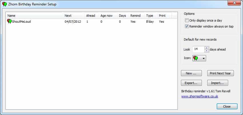 Birthday Reminder Software : Freeware Utility