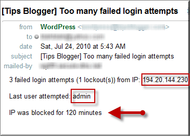 wordpress Limit Login Attempts email screenshot