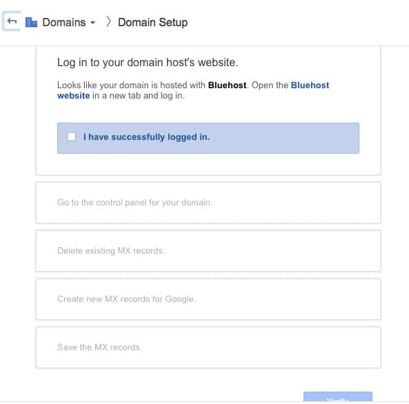 Google apps bluehost Domain setup 