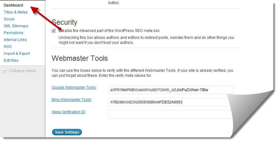 WordPress SEo dashboard