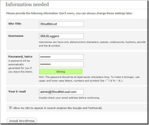 Passo finale dell'installazione di WordPress Manal