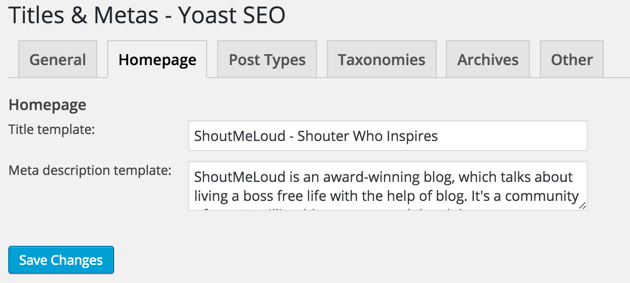 Yoast SEO Homepage Settings