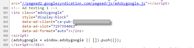 Adsense code at page source
