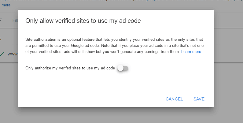 Adsense dashboard site authorization