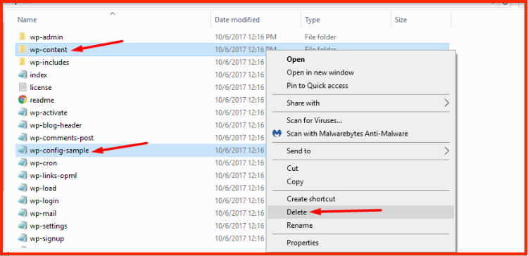 Hapus folder wp-content dan file wp-config-sample.php hapus folder wp-content dan file wp-config-sample.php