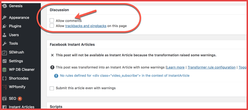 wordpress disable comments programmatically