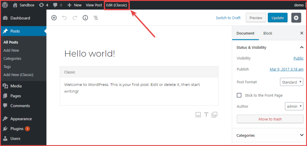 classic editor toolbar option
